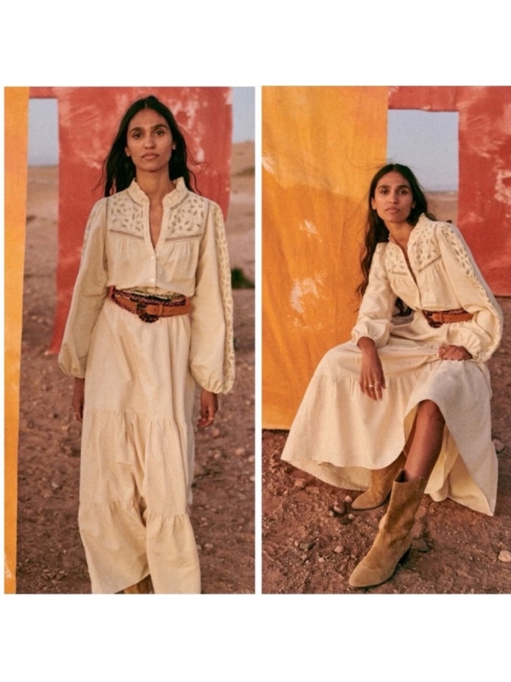 Sezane Maxi Long-Sleeve Soraya Linen Blend Dress FR38 US 6
